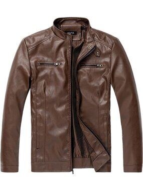 Men’s Brown Faux Leather Motorcycle Jacket Stand Collar Lightweight Biker Coat